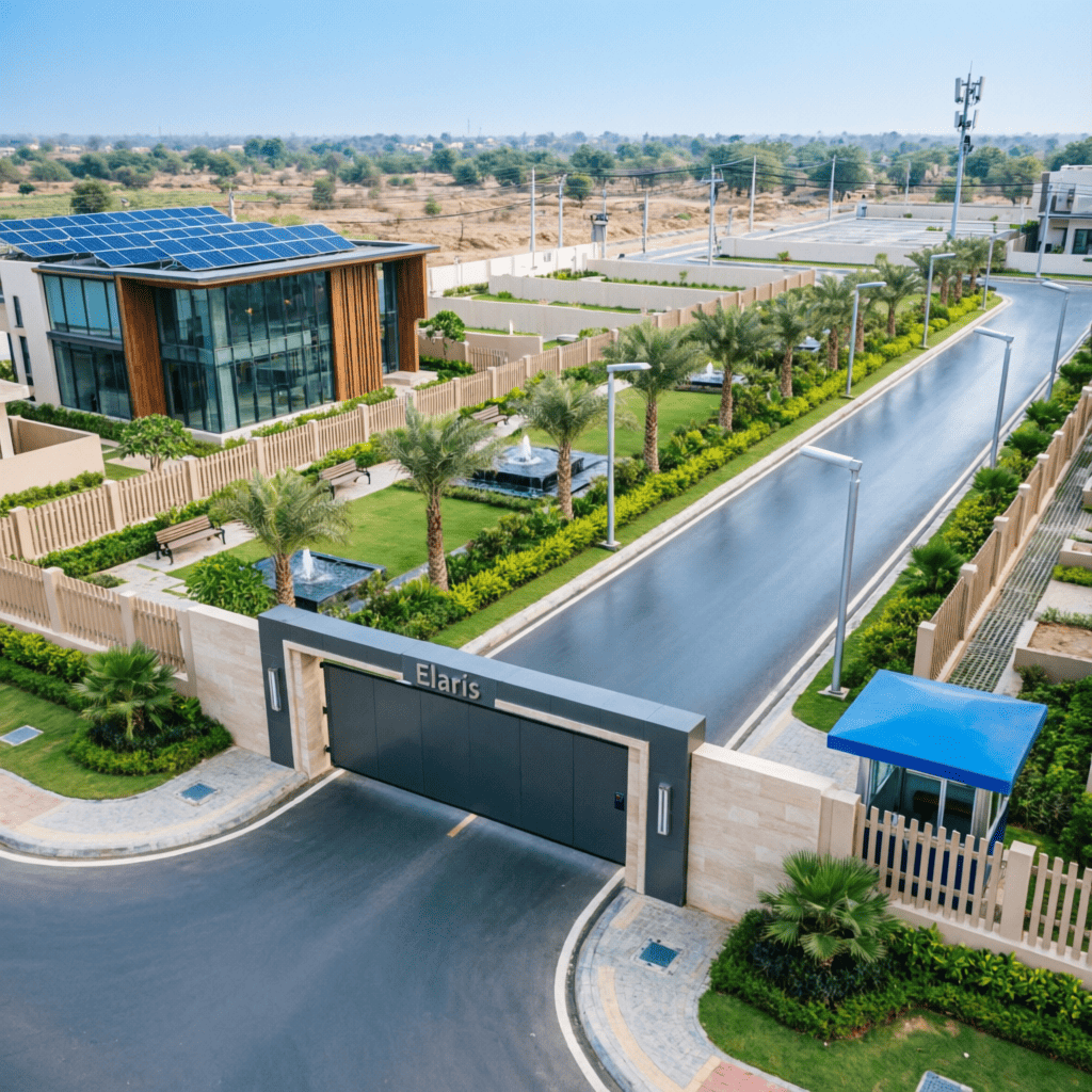 Elaris premium residential plotted township by RSC Group Dholera with grand entrance gate boundary wall landscaped gardens and club house near Ahmedabad Gujarat